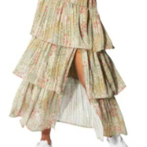 Nordstrom Mink Pink Tiered Midi Skirt in Pink & Green Floral / Size Large